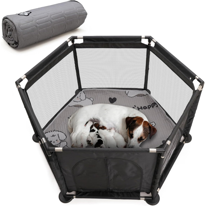 Кінець для цуценят у формі шестикутника, 122x65 см, чорний: ігровий майданчик + м'яка підстилка для великих та малих порід