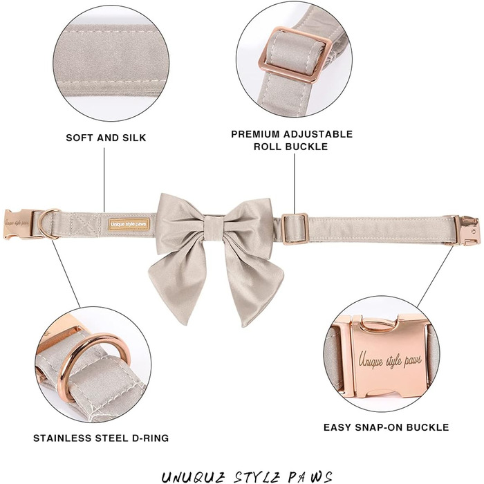 Шовковий ошийник для собак Unique Style Paws, регульований, довговічний, з бантиком, солом'яний, для великих собак, розмір L, колір шампань