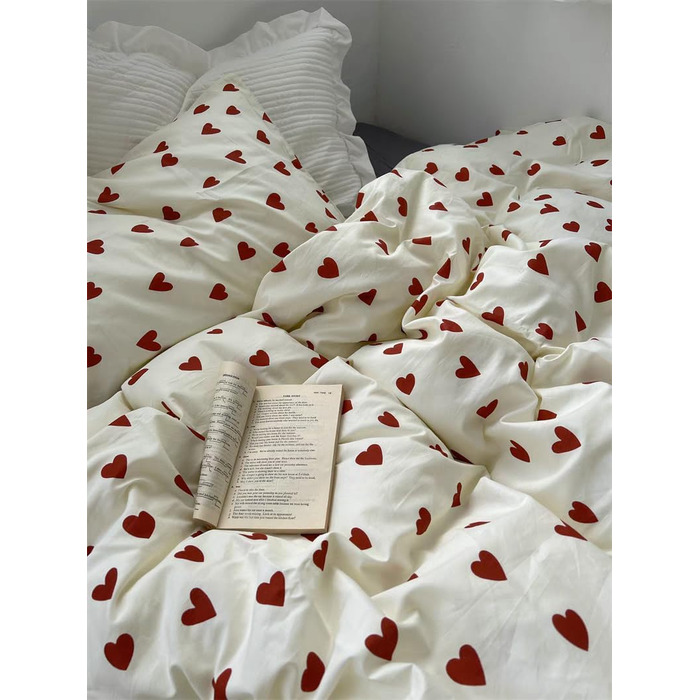 Ashanlan Bedding Set 220x240 Cotton Hearts Red White Duvet Cover Aesthetic Heart Pattern Bedding Set and 2 Pillowcases 80x80 cm Double Bed with Zipper Red Hearts 220x240cm+2x80x80cm