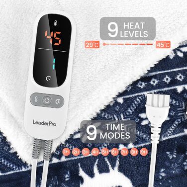 Електрична ковдра LeaderPro з автовимкненням, 160x180 см, фланель, 6 режимів нагріву, пральна, з захистом від перегріву, таймер 1-9 годин, для ліжка, дивану, офісу