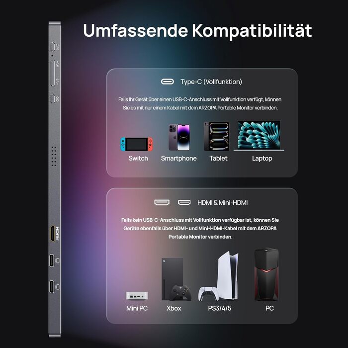Портативний монітор ARZOPA 16.1' 2.5K 180Hz (2560x1440) HDR10, Space Grey (Z3FC/180HZ)