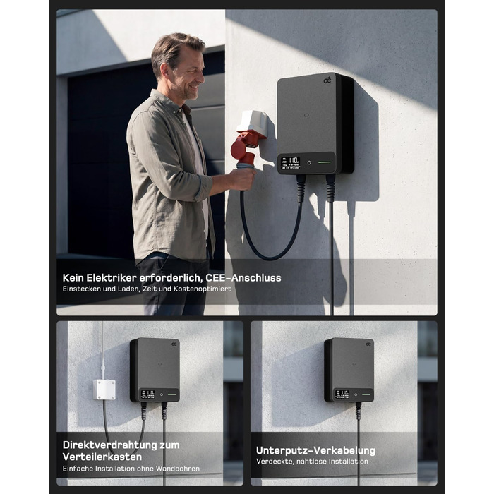 Wallbox 11 кВт з Wi-Fi та кабелем Type 2 7,5м, 3-фазне зарядне для електромобілів (BEV/PHEV), захист RCD Type A 30mA/DC 6mA, IP54, чорний