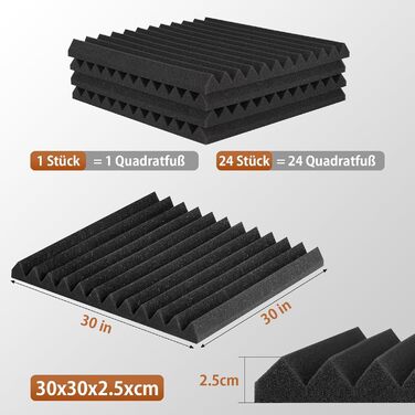 Акустичний поролон для звукоізоляції самоклеючий, пірамідні панелі 30x30x2.5 см, набір 24 шт. для студії, офісу та стелі