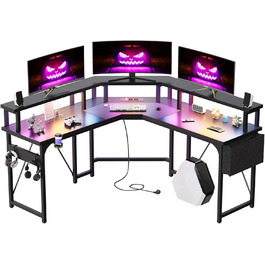 Ігровий стіл 153x153 см L-подібний з LED підсвіткою, 2 розетками, 2 USB портами, полицею для монітора, кутовий комп'ютерний стіл, вугільно-чорний