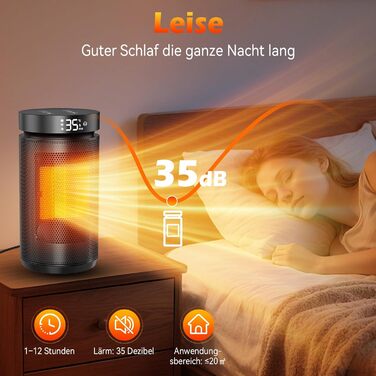 Електричний обігрівач 1500W PTC кераміка, тихий 34 dB, з термостатом, таймером 12 год та захистом від перегріву та перекидання. З пультом керування, чорний.