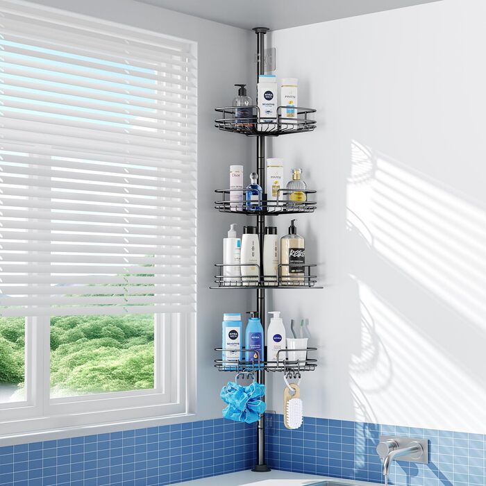 Телескопічна поличка для душу, регульована висота 58,5-317,5 см, чорна. Без свердління, для ванної кімнати