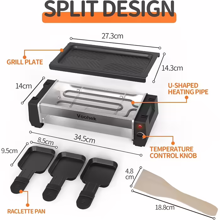 Raclette Grill for 2 People, Mini Raclette with 3 Pans, 3 Raclette Wooden Spatulas, Table Grill, Electric Korean BBQ Grill, Electric Grill with Non-Stick Coated Grill Plate, 700 Watts, Black