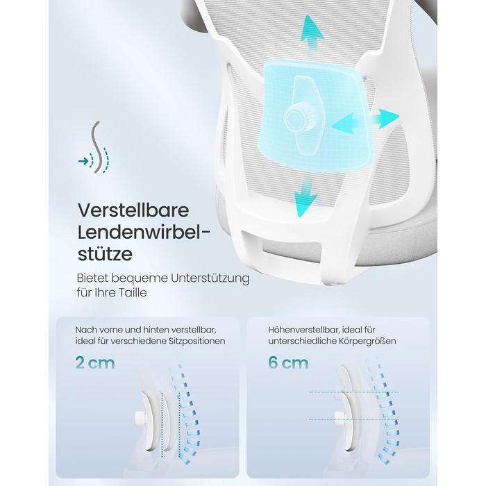 Офісний стіл SONGMICS - ергономічне крісло, комп'ютерне крісло з регульованою поперековою та підголовною підтримкою, до 150 кг, регульована висота, OBN066BH01 (Сірий голуб)