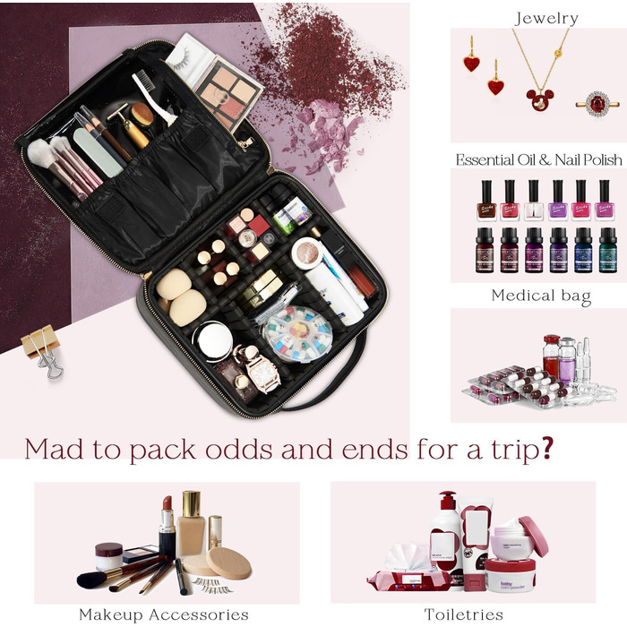 Косметичка для макіяжу та косметики, органайзер для подорожей, сумочка для косметики з ручкою та регульованими перегородками (шкірозамінник, чорний)