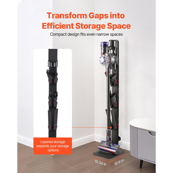 Підставка для пилососа VEVOR 126 см, сумісна з Dyson G5 V15 V12 V11 V10 V8 V7 V6, з аксесуарами, 6 гачків, неслизькі підкладки, срібна (чорна платформа)