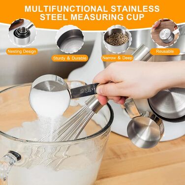 Mixing Bowl 3-Piece Set, Measuring Cup and Measuring Spoon 12-Piece Set, 5 Cup Pitcher & 7 Measuring Spoons, Nesting Cups, Stainless Steel Teaspoons and Tablespoons 18/8 for Baking and Cooking (Silver)