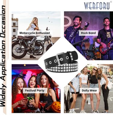 Лідер шкіряний ремінь з пряжками WERFORU - Пряжка Punk Rock, для жінок та чоловіків, розмір 90-100 см (A-чорний)