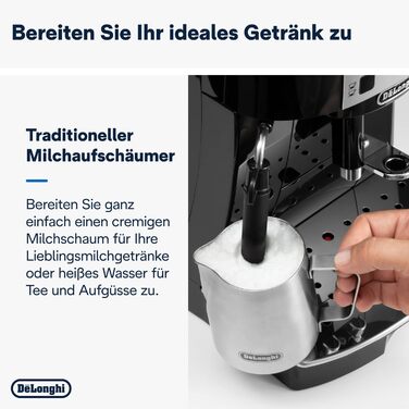 De'Longhi Magnifica S ECAM 22.110.B Fully Automatic Coffee Machine with Milk Frother for Cappuccino, featuring Espresso Direct Select Buttons and a Rotary Control, 2-Cup Function, 1.8 Liter Water Tank, Black/Silver with Chrome Finish