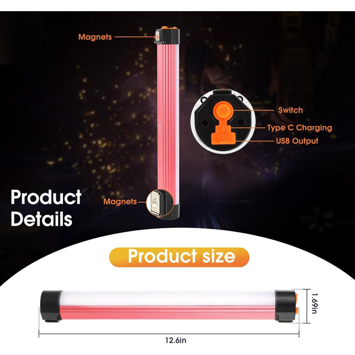 LETOUR LED лампа для майстерні 7200mAh, акумуляторна, магнітна, інспекційна, робоча лампа для аварійного освітлення