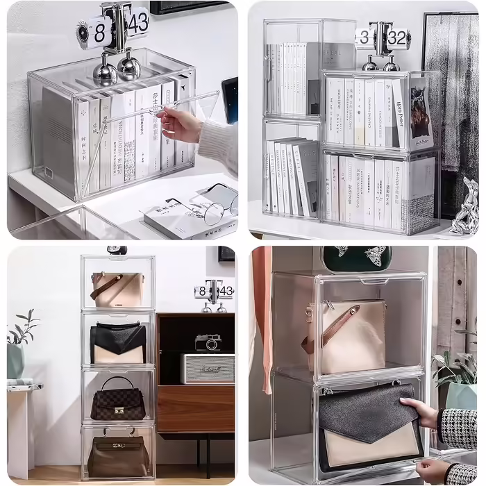 GUDEMAY Transparent Stackable Plastic Boxes with Magnetic Closure - Dustproof Storage Display Case Showcase Ideal for Figurines, Books, Cosmetics, Shoes, and Handbags (3-Piece Set) Transparent - 3-Piece Set