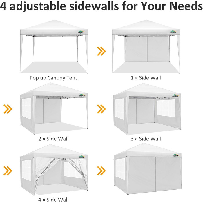 COBIZI Folding Gazebo 3x3 Waterproof Stable Pop Up Gazebo Folding 3x3 with 4 Sidewalls | Waterproof | UV Protection 50+ | Gazebo Party Tent for Garden Party Market Picnic | incl. Bag (White)