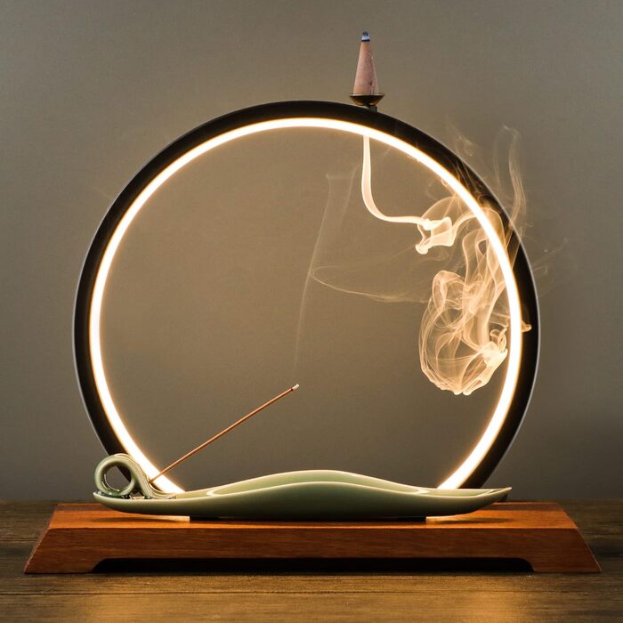 REAWOW Chinese Waterfall Incense Burner Incense Stick Holder with LED Light Incense Holder, Ceramic Incense Burner with 20 Incense Cones and 30 Sticks Incense