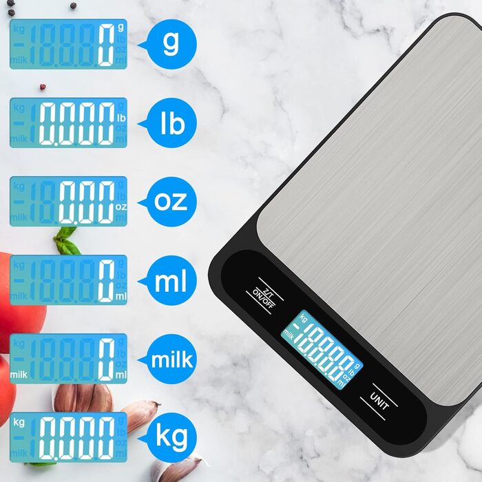 Кухонні ваги Diyife 10 кг / 1 г, електронні, з LCD-дисплеєм, для випічки та приготування їжі, з тарою, автовимкненням, платформа з нержавіючої сталі, 6 одиниць вимірювання, чорні