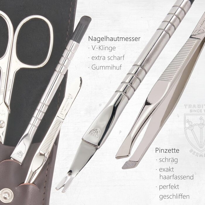Набір для манікюру та педикюру 'Modena' від DREI SCHWERTER | 4 предмети в шкіряному футлярі, Німеччина. Вміст: ножиці для нігтів, пінцет, напільник з сапфіру, ремувер для кутикули (колір: коричневий)