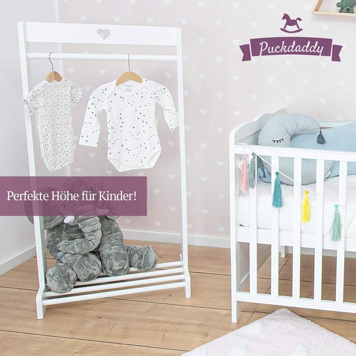 Puckdaddy Svetje | Clothes Rack 60x30x120 cm | Clothes stand made of pine wood in vintage design in white | Modern coat rack for baby and children's rooms | With practical shoe storage