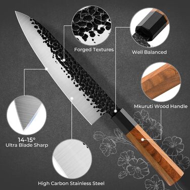 Японський кухонний ніж Gyuto 21 см, професійний, ручної роботи, з високоякісної сталі AUS-8, з дерев'яним руків'ям з палісандру, подарункова коробка