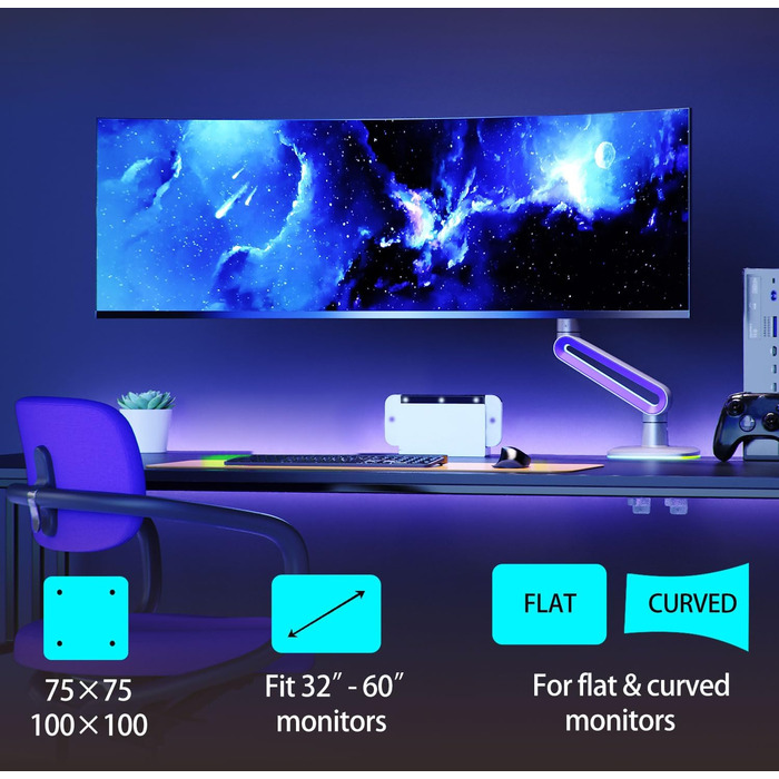 Кріплення для монітора 32-60 дюймів Ultrawide, для моніторів 34/49/57 дюймів, вантажопідйомність до 20 кг, кріплення C-Clamp та Grommet, VESA 75/100 мм (фіолетовий)