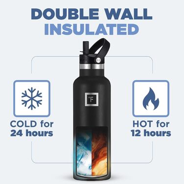 Фляга з нержавіючої сталі з 3 кришками - термофляга, витікання виключено - металева вода, подвійні стінки, ізольована, BPA-free, для спорту, школи, фітнесу, кемпінгу, колір: Чорний Полунічний, об'єм: 710 мл