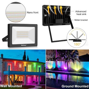 MEIHUA 60W RGB Spotlight with Remote Control, IP66 Waterproof, LED Floodlight, Color Changing, Dimmable, 10 Colors, 12 Modes with Timer, RGB Projector, Colorful for Garden, Disco, Tree, Landscape, Mood Lighting