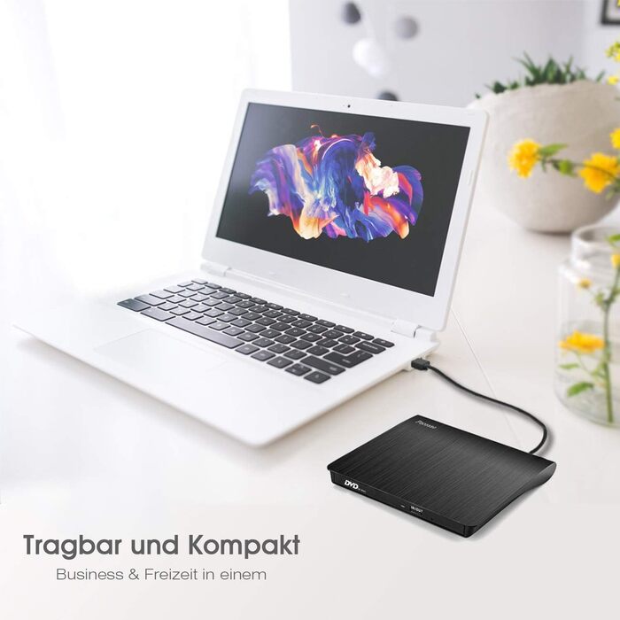 Зовнішній CD/DVD привід USB 3.0, портативний Slim RW записувач для ноутбуків та ПК (Windows, Mac OS, MacBook, iMac), чорний