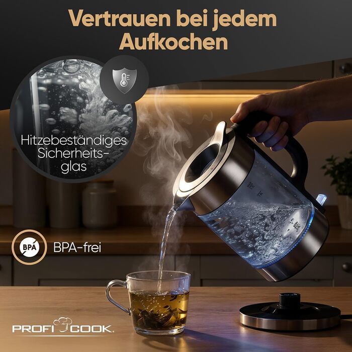 Скляний електрочайник ProfiCook PC WKS 1322, 1.7 л, 2200 Вт, з підсвіткою та корпусом із темної нержавіючої сталі Dark-inox