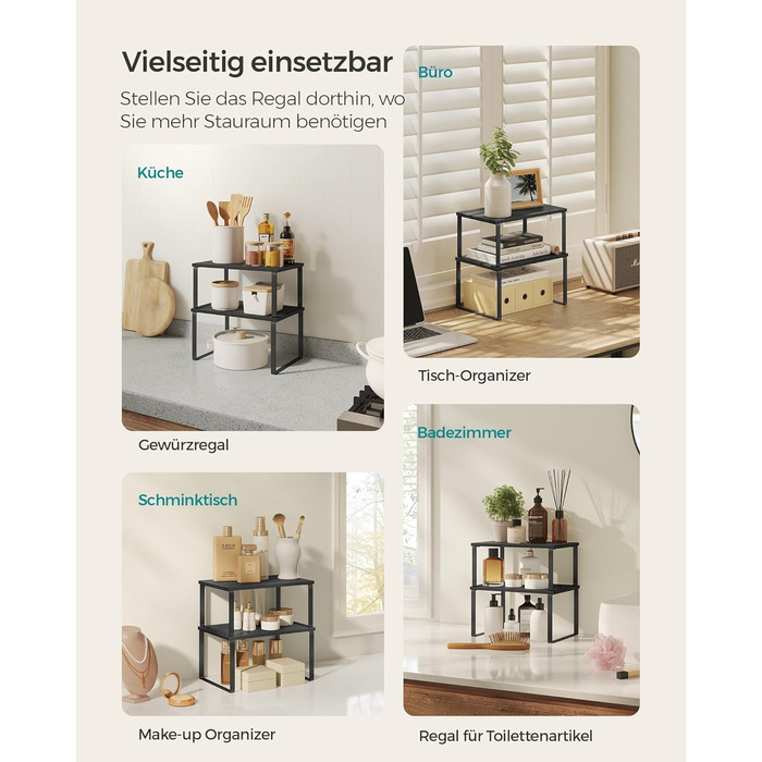SONGMICS Spice Rack, 4-Piece Set, Kitchen Shelf, Kitchen Organizer, Expandable, Spice Holder, Stackable, with Metal Frame, 19.5 x 29.7 x 15.8 cm, Ink Black + Natural Beige KCS10NB (Ink Black + Ebony Black, 29.7B cm)