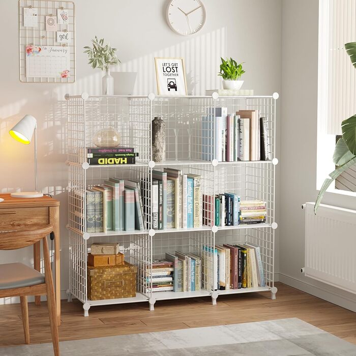 AWTATOS Regal 12 Regal Wire Cube Stackable Shelf Cube DIY Metal Grid Shelf Cube Bookshelf Cube Shelf With Doors For Living Room, Bedroom, Bathroom USCIH12BE (Medium, White)