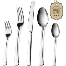 Bestdin Cutlery Set 12 People, 60-Piece Stainless Steel Cutlery Set, Dining Cutlery Set with Knife Fork Spoon, High-Quality Stainless Steel Cutlery, Dishwasher Safe. Silver Polished 60 Piece 60 Piece