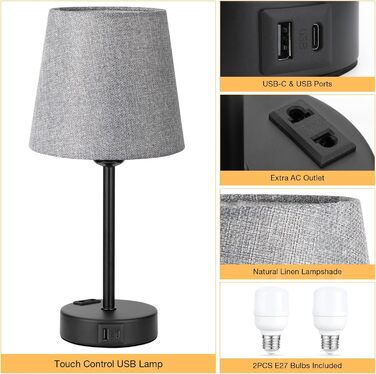 Настільна лампа Kakanuo з торшером, 2 шт., з USB-портами A+C, диммер, LED, для спальні, вітальні, дитячої кімнати, офісу (сірий/чорний)