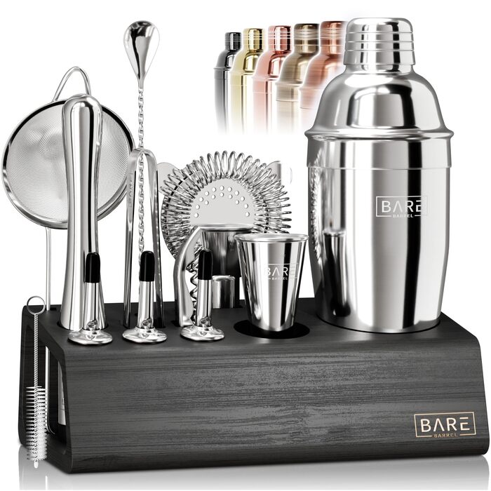 Професійний набір для коктейлів BARE BARREL Mixology Barkeeper Kit, 14 предметів, сріблясто-чорний, з шейкером Cobbler 24oz та картками рецептів