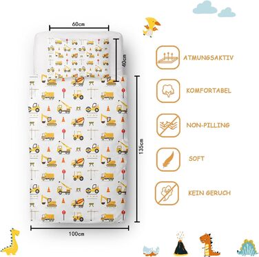 Комплект постільної білизни для дитячого ліжечка DJDEA 100x135 см - Динозаври, м'яка мікрофібра, 2 шт. (з наволочкою 40x60 см)