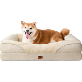 Orthopedic Dog Bed for Large Dogs, Memory Foam, Washable and Waterproof Dog Basket with 4 Sides, Dog Sofa Dog Couch, Non-Slip, 106.5x76x18.5 cm (91 x 68 x 17.5 cm (L x W x H), Beige)