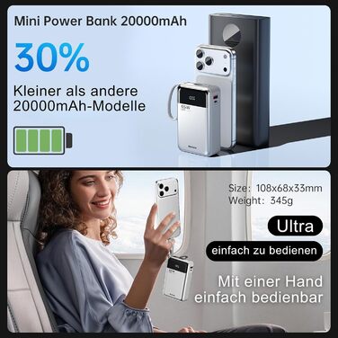 Power Bank Hichain 65W 20000mAh USB-C з кабелем, LED-дисплей, сріблястий - для MacBook, iPhone, Samsung, iPad
