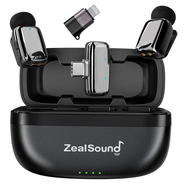 Мікрофон ZealSound Mini Wireless з USB-C/Lightning, для Android/iPhone, з шумозаглушенням, 33h акумулятор, 100м, для Vlogging, TikTok, Podcast, YouTube (M6 Чорний/Срібний)