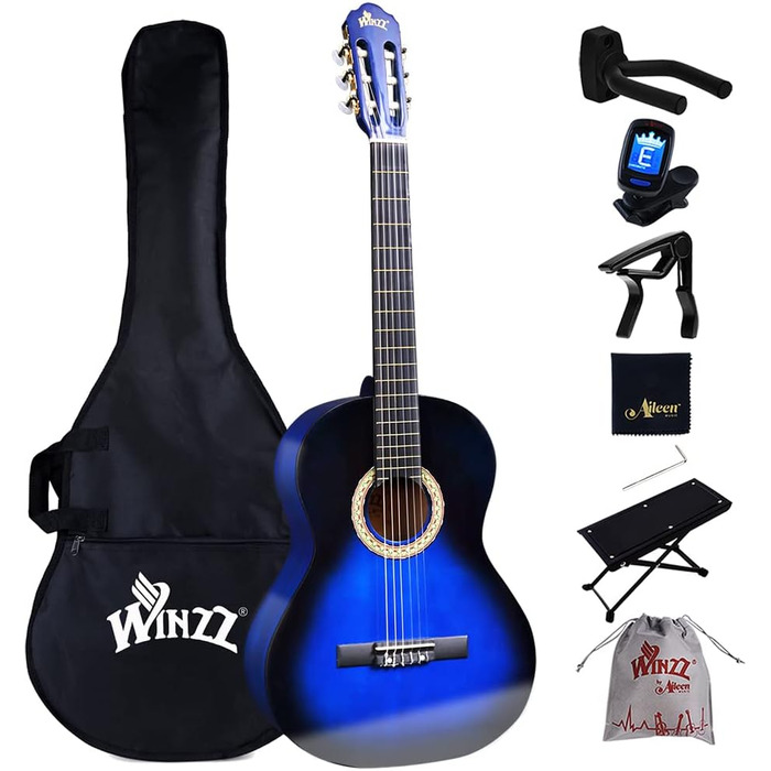 Класична гітара Winzz 4/4 для початківців - повний комплект, 39 дюймів, з нейлоновими струнами, блакитна