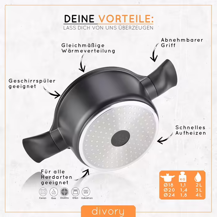 DIVORY Cookware Set - 8-Piece Detachable Handles - Saucepan 18cm, Stockpot 20cm, Pot 24cm with Lid, Induction Cookware, Non-Stick Cookware, Dishwasher & Oven Safe Black Cookware Set (18/20/24cm)