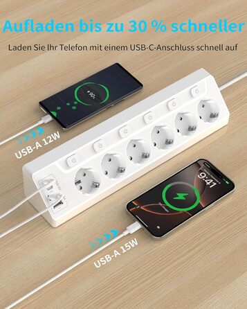 Розподільник розеток з захистом від перенапруги, 6 розеток, USB-C, 2м кабель, 4000W, 16A, для кухні, дому, офісу (білий)
