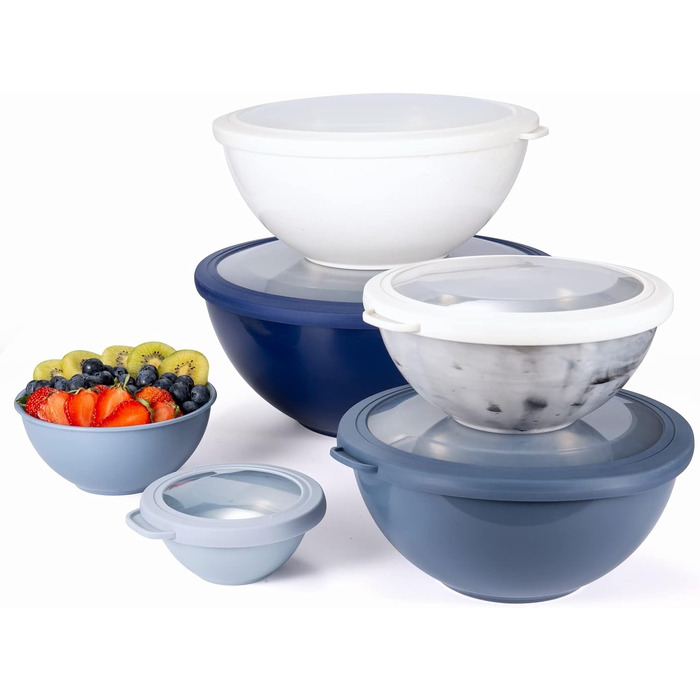 Набір пластикових мисок для змішування COOK WITH COLOR з кришками, 12 предметів (6 мисок та 6 TPR-кришок), підходять для мікрохвильової печі