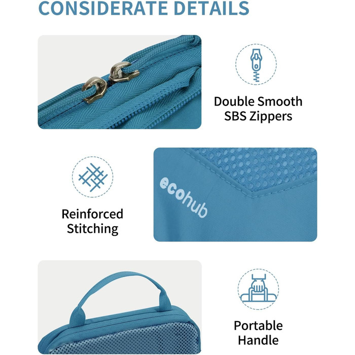 Органайзери для валіз ECOHUB (набір 4 шт) з мітками, екологічні, з перероблених матеріалів, для рюкзаків та валіз, з міцною сіткою, тревел-органайзери (зелений, блакитний)