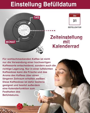 Контейнер для кави Kaffeedose 500г, нержавіюча сталь, 1,5л з дозатором та календарем, срібний