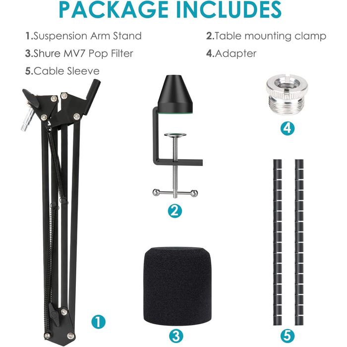 Тримач для мікрофона YOUSHARES з кріпленням для столу та стіни, металева конструкція, поп-фільтр для Shure MV7