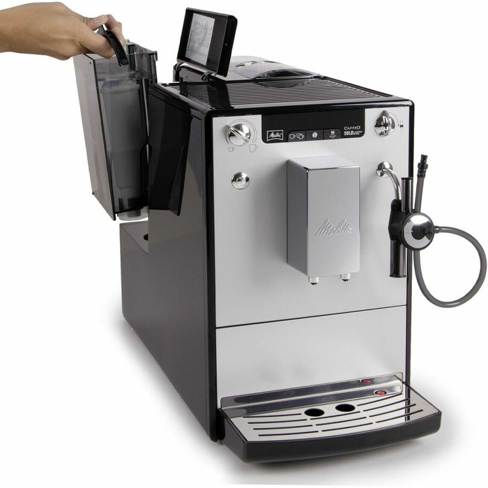 Melitta Solo & Perfect Milk – Fully Automatic Coffee Machine with Milk System, Cappuccino Machine for coffee or cappuccino, silver. Silver Fully Automatic Coffee Machine.