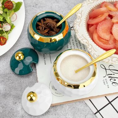 Керамічні солянки та цукерниці з кришкою та ложкою, зелений малюнок мармуру (білий)