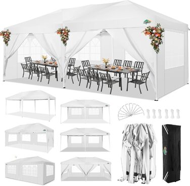 COBIZI Pop-up Pavilion 3x3, Folding Pavilion 3x3 Waterproof, Stable, Winterproof |8X Pegs|4X Wind Rope|UV Protection 50+|High Density Tarpaulin| Pavilion Foldable 3x3m Party Tent Foldable Pavilion 3x3 Garden Pavilion (White, 3x6m with 6 Side Walls)