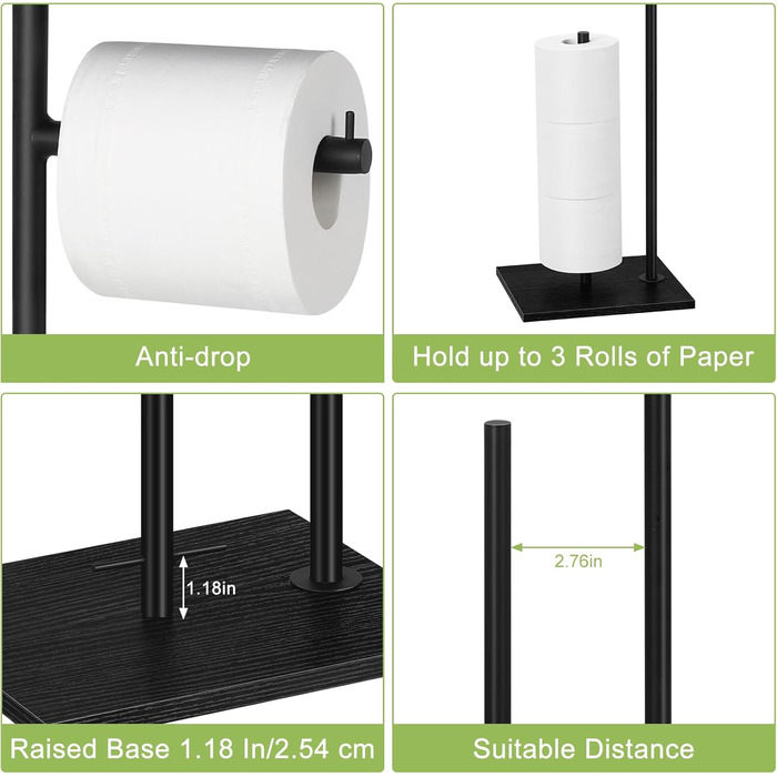 LIANTRAL Freestanding Toilet Paper Holder, Bathroom Toilet Paper Holder, Toilet Paper Storage with Shelf, Stainless Steel Tubes and Wooden Boards, Toilet Paper Storage Dispenser